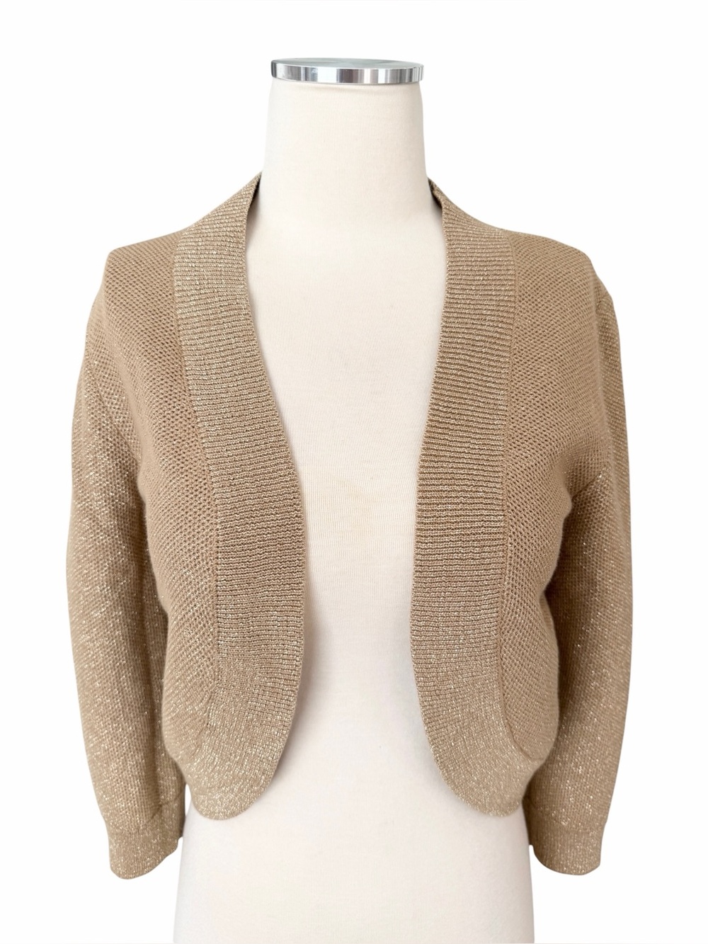 NWT ($69) CHAPS Ralph Lauren Open Front Metallic Gold Cropped Sweater Cardigan S